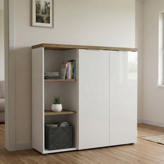 Dmora Armario Multiuso Belsito, 4 Estantes, 2 Puertas, Hecho En Italia, 6 Compartimentos, 120x115h Cm Blanco Brillante