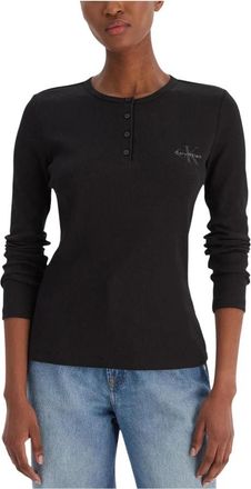 Calvin Klein Jeans Button-Up Long Sleeve Truien with Round Neck - Dames - Longsleeves - Zwart - S - Katoen - Tops