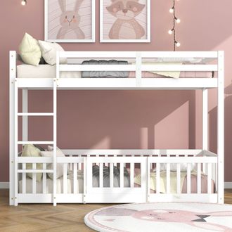 Matteo 3FT Bunk Bed, Bed With Fences & Door, Childrens Bed With Fall Protection & Railings, Solid Wood in White | Size: Double