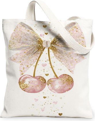 Generic Cherries Bow Canvas Tote Bags, Cute Glitter Pattern Reusable Grocery Bags, Spring Floral Stylish Washable Shoulder Bag for, White, 13x15 Inch
