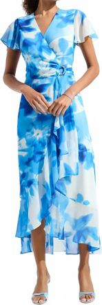 Joseph Ribkoff Printed Chiffon High Low Wrap Dress In Vanilla/blue