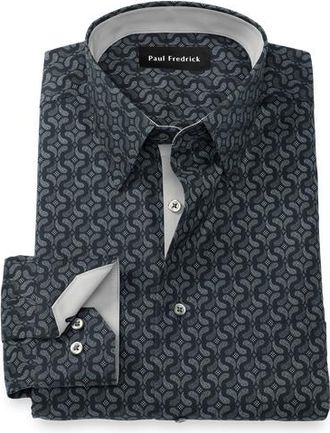 Paul Fredrick Cotton Spandex Point Collar Pinpoint Classic Contrast Trim Button Cuff Long Sleeve in Black/grey at Nordstrom, Size 17.5