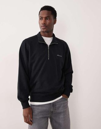 Abercrombie & Fitch Felpa premium nera con zip corta e logo con scritta-Nero