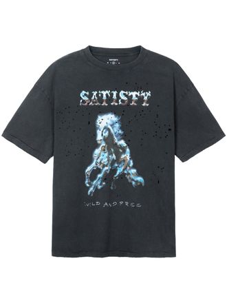 SATISFY Distressed Graphic Black T-Shirt with Horse Design