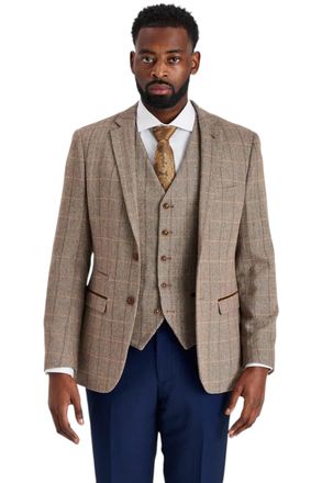 PAUL ANDREW Heren bruin tweed pak met Mayfair marineblauwe broek - Harris