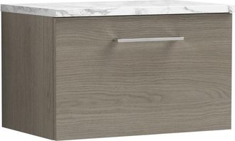 Nuie Arno Wall Hung 1-Drawer Vanity Unit with Carrera Marble Worktop 600mm Wide - Solace oak - Nuie