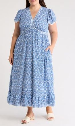 Max Studio Flutter Sleeve V-Neck Dress in Blue/White Rosette Tapestry at Nordstrom Rack, Size 2X