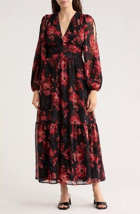 Chelsea28 Split Long Sleeve Tiered Dress in Black- Pink Canvased Blooms at Nordstrom Rack, Size Xx-Large