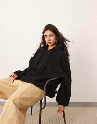 Asos boucle knit oversized hoodie in black