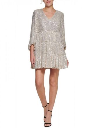 Eliza J Sequin Tiered Balloon Sleeve Dress In Silver