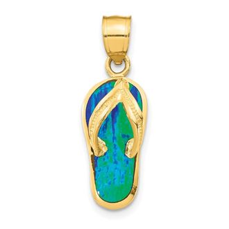 Diamond2Deal 14k Yellow Gold Polished 3D Created Blue Opal Flip Flop Pendant