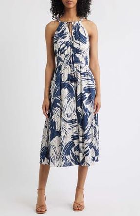 Vince Camuto Leaf Print Cotton Halter Neck Midi Dress in Navy at Nordstrom Rack, Size 16