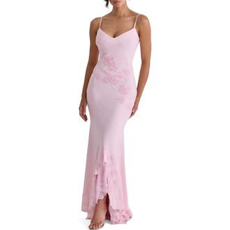 House of CB Anastelle Bead Embellished Satin Mermaid Gown in Pink at Nordstrom, Size X-Large