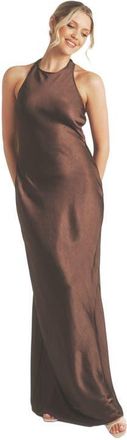Six Stories Racer Neck Satin Bridesmaid Dress in Chocolate at Nordstrom, Size 14