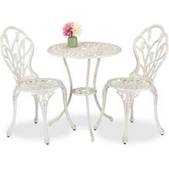 Relaxdays Set da Bistrot da 3, Tavolino da Giardino, 2 Sedie da Balcone, in Alluminio Stile Ferro Battuto, BiancoBronzo - Relaxdays