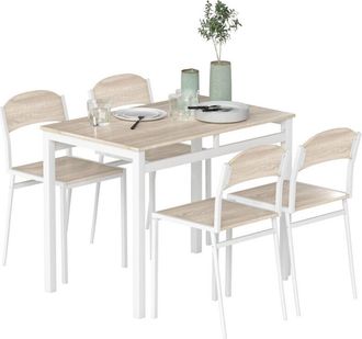 HOMCOM juego de mesa y sillas de comedor, mesa de cocina redonda con 4 sillas, estilo moderno, marco metálico, para espacios pequeños, roble y blanco