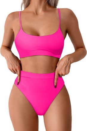 Generic High Waisted Bikini Set Push Up Bikini Top with Tummy Control Bikini Halter Neck Underwired Padded Bikini 2 Piece Hot Pink