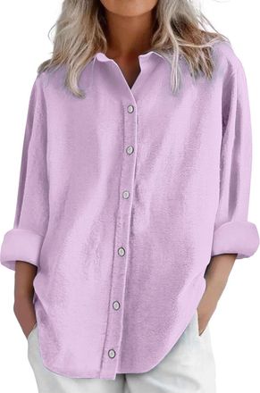Generic Womens Tops Long Sleeve Casual Button Down Cotton Linen Shirts Solid Color V Neck Roll Up Collared Loose Oversized Tees Lightweight Dressy Blouses Goi