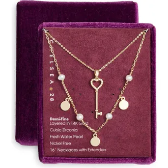 Chelsea28 Set of Two Demi Fine Freshwater Pearl & Key Pendant Necklaces in White- Clear- Gold at Nordstrom Rack