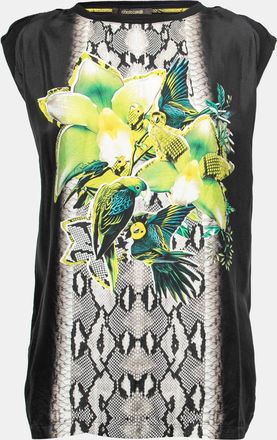 Roberto Cavalli Black Jersey Parrot Printed Top