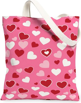 Generic Heart Pattern Canvas Tote Bags, Love Design Reusable Grocery Bags, Spring Vintage Lightweight Washable Canvas for Travel Be, Peach, 13x15 Inch