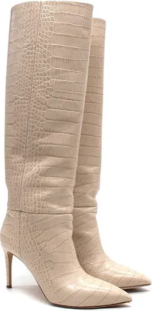 PARIS TEXAS Cream Croc-Embossed Knee High Boots Size 39