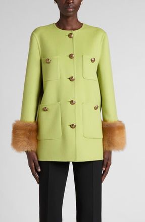 Valentino Garavani Compact Drape Wool & Cashmere Jacket with Genuine Shearling Cuffs in Light Green at Nordstrom, Size 40