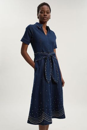 Karen Millen Womens Denim Placed Studs Tie Belted Short Sleeve Full Midi Dress - Dark Blue Cotton - Size 10 UK