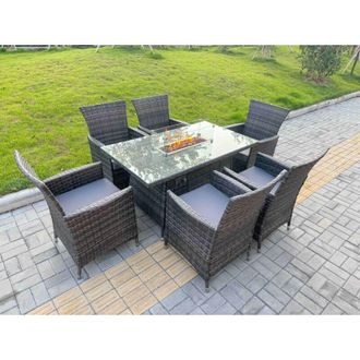 Fimous Fimous Rattan Garden Furniture Dining Set 6-seater Patio Rectangular Gas Firepit Table Chairs Outdoor Dark Grey Mixed