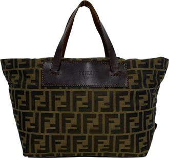 Fendi Black Brown Khaki Nylon Leather Handbag Tote Bag (Pre-Owned)