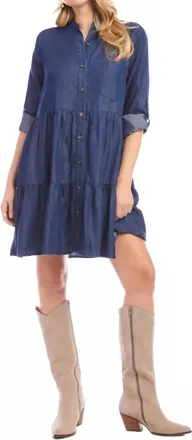 Karen Kane Rosalind Roll Tab Tiered Mini Shirtdress In Chambray