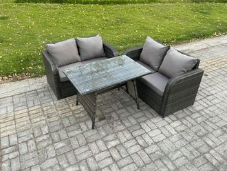 Fimous Outdoor Garden Furniture Sets 3 Pieces Wicker Rattan Furniture Sofa Sets with Rectangular Dining Table Love Sofa in Dark Grey