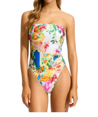 Seafolly Bandeau Postcard Print One Piece In White Multi
