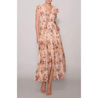 Melloday Flutter Sleeve Maxi Dress in Bone Multi at Nordstrom Rack, Size X-Large