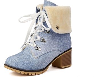 Generic Womens Lace Up Warm Winter Boots Round Toe Denim Short Boots Block High Heel Casual Booties,Blue,5.5 UK