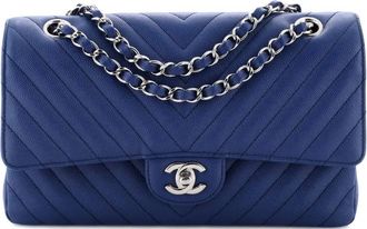 Chanel Classic Double Flap schoudertas met chevron streep - Blauw