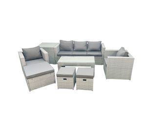 Fimous Rattan Garden Furniture Set 8 Seater Outdoor Garden Sofa Oblong Coffee Table Set with 2 Chairs 3 Stools Side Table Light Grey Mixed