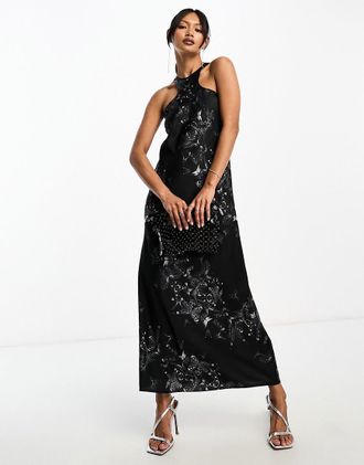 AllSaints Betina Diana - Vestito lungo nero allacciato al collo con stampa