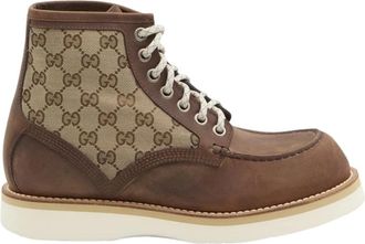 Gucci Lace-up Boots, male, Brown, Size: 12 US GG Canvas Leather Moc Toe Lace-Up Ankle Boot