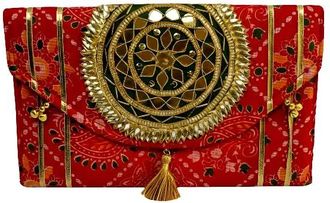 Generic Traditional Embroidered Clutch Bag for Women | Handcrafted Brocade Clutch Purse | Golden Work Ethnic Wedding & Festive Bag | Ideal for Bridal, Haldi, 