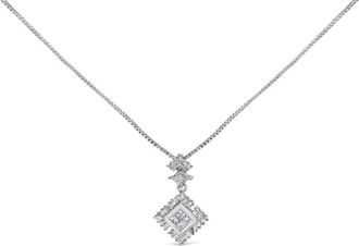 House of Brilliance 10K White Gold 1/2 Cttw Princess Cut Rhombus Drop Pendant Necklace