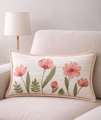 Vibhsa Poppy Garden Spring Embroidered Decorative Lumbar Pillow, 14 x 24