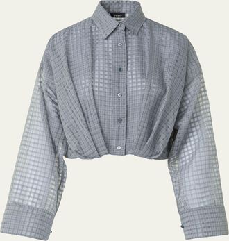 Akris Plaid Cotton Voile Blouse with Pleated Waist