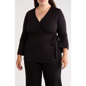 Anne Klein Handkerchief Ruffle Sleeve Wrap Top in Anne Black at Nordstrom, Size 2X
