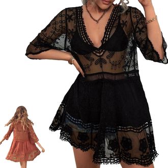 Generic Chicovar Lace Coverup, Swimsuit Coverup for Women, V-Neck Swimsuit Coverups Loose Swimwear Beach Dress (Black,one size)
