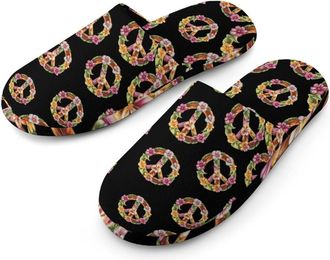 Generic Peace Sign Flowers Mens Cotton Slippers Memory Foam Comfort House Shoes Winter Indoor Slipper for Hotel Casa Spa