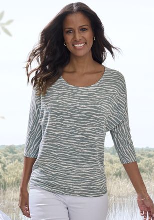 Lascana 3/4-Arm-Shirt LASCANA mit modischem Zebra-Muster, Damen, Gr. 32/34, blau (graublau), Strick, Obermaterial: 50% Viskose (LENZING ECOVERO), 46% Polyeste
