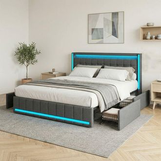 OEM Cama 140x190 - Cama 140x190 Con Almacenamiento - 4 Cajones - Cabecera Con Usb Y Led - Tapizado De Lino Gris