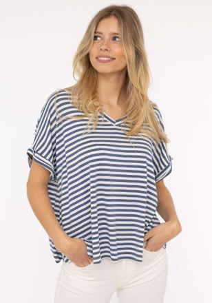 Zwillingsherz T-Shirt ZWILLINGSHERZ Maritime Streifen, Damen, blau (jeans), Obermaterial: 97% Viskose, 3% Elasthan, gestreift, loose fit h&uuml;ftlang, V-Ausschnitt, Shi