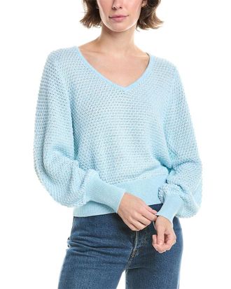 Forté Cashmere Gathered Sleeve Stripe V-Neck Sweater